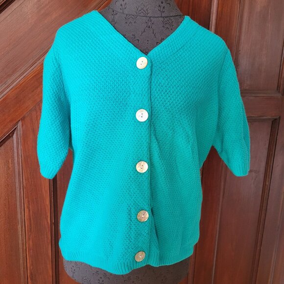 Appleseeds Womens Cotton Knit Turquoise Cardigan Sweater Button Closure Size L N - Picture 1 of 7